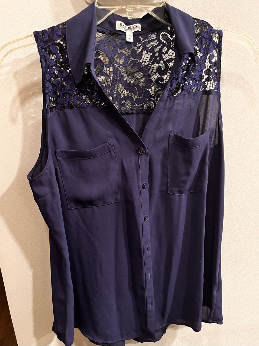 Express Navy Sleeveless Lace-Yoke Button Front Blouse